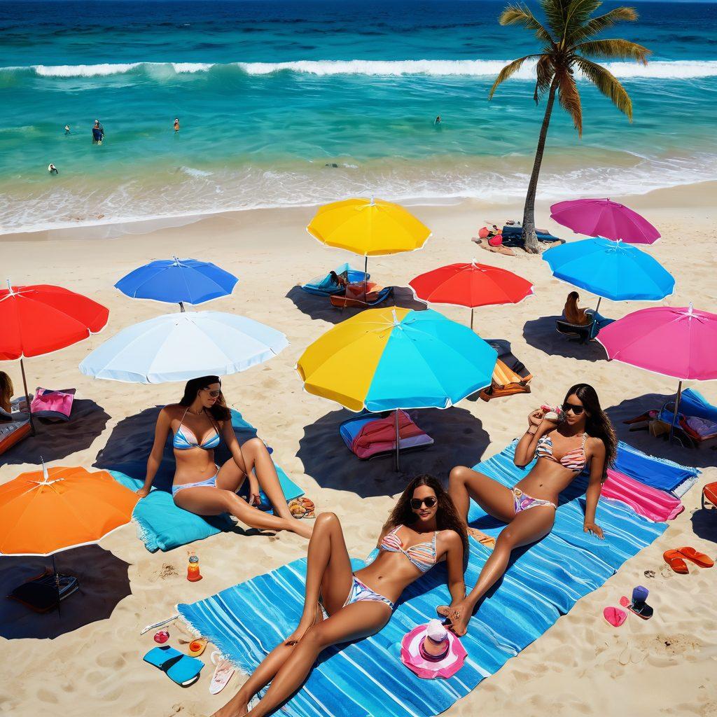 A vibrant summer beach scene featuring diverse models in stylish, trendy bikinis, lounging and playing in the sand. Bright umbrellas, colorful beach towels, and refreshing cocktails are scattered around to set the mood. Include a clear blue ocean in the background with playful waves. Capture the essence of summer fun and fashionable beachwear. vibrant colors. super-realistic.
