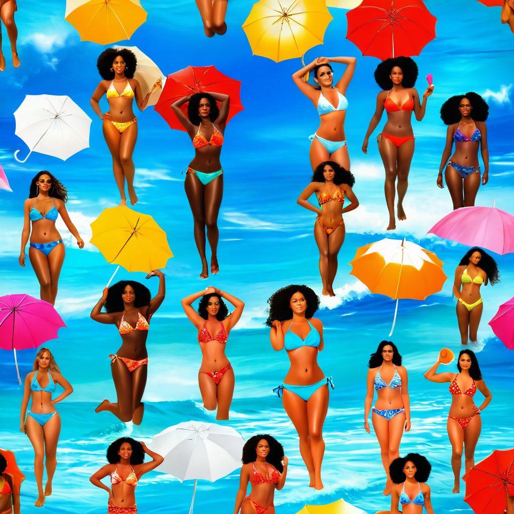 A sun-kissed beach scene featuring diverse individuals of all body types confidently showcasing an array of vibrant and trendy bikinis, surrounded by colorful beach umbrellas, crystal-clear waves, and bright summer flora. The sky is a vivid blue and the sun shines brightly, creating an inviting and uplifting atmosphere. The models should radiate joy and confidence. super-realistic. vibrant colors. beach theme.