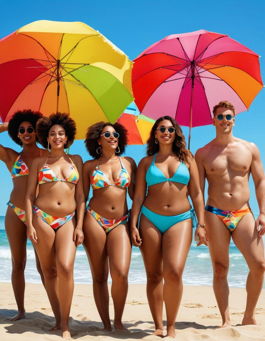 A vibrant beach scene showcasing a diverse group of individuals wearing gender-neutral and LGBTQ+ themed bikini collections. A mix of body types and gender expressions should be highlighted, with bright colors in swimwear patterns symbolizing inclusivity. The background features a clear blue sky and gentle waves, creating a welcoming and joyful atmosphere. Include elements like beach balls, umbrellas, and colorful towels to enhance the lively setting. super-realistic. vibrant colors. sunny beach background.